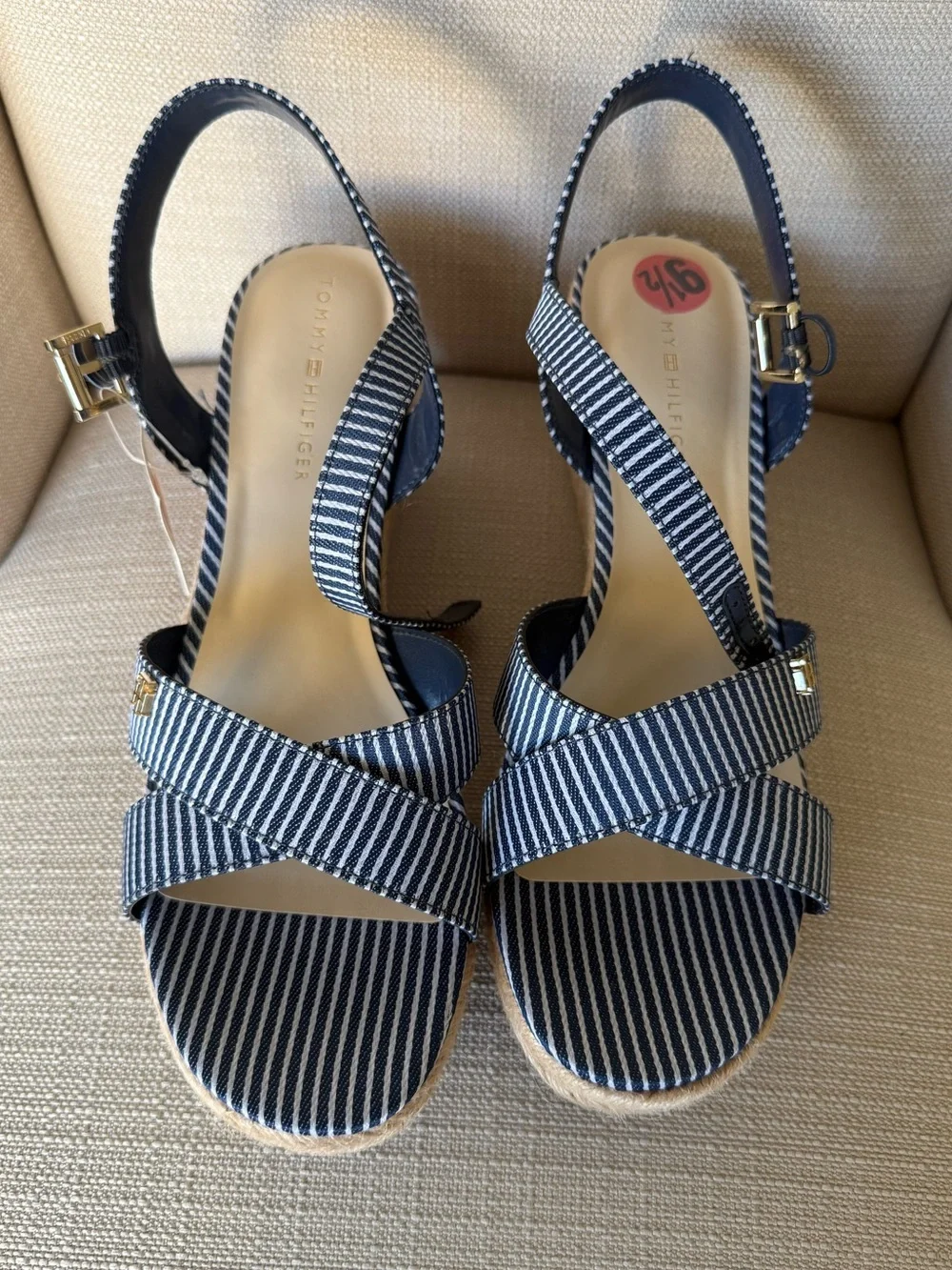 Tommy Hilfiger Striped Espadrille Wedge Sandals Navy White Size 9.5, NWT